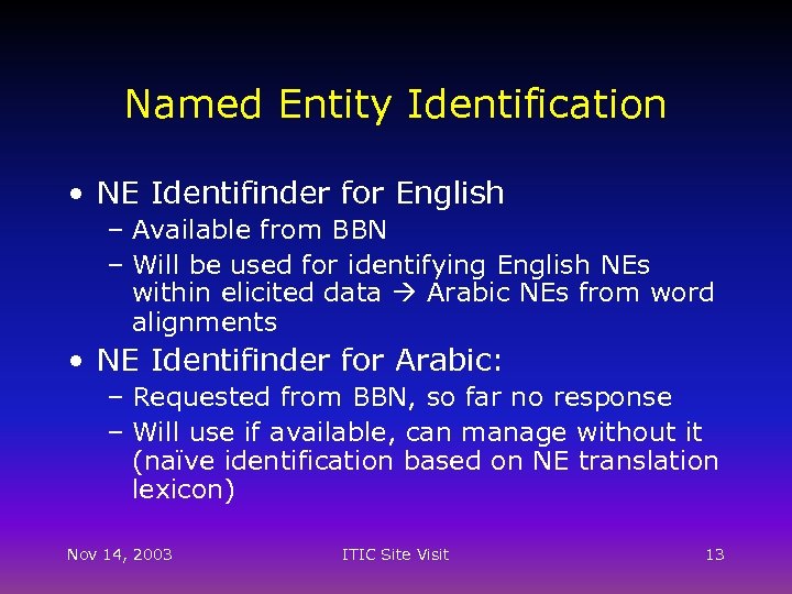 Named Entity Identification • NE Identifinder for English – Available from BBN – Will