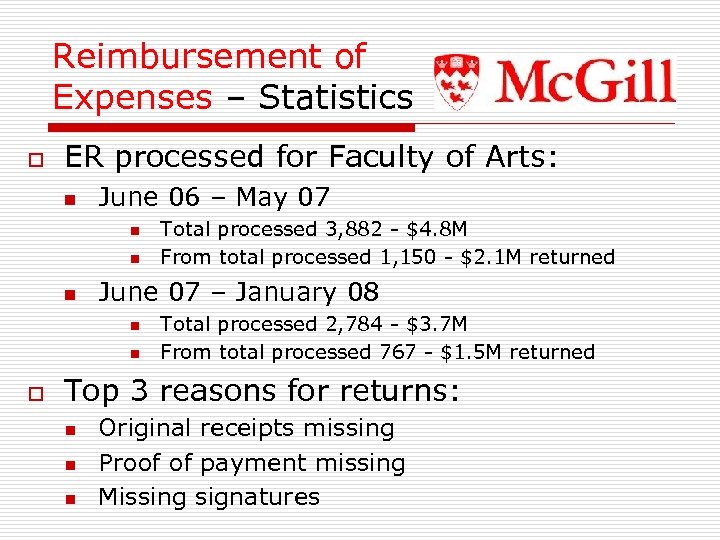 Reimbursement of Expenses – Statistics o ER processed for Faculty of Arts: n June