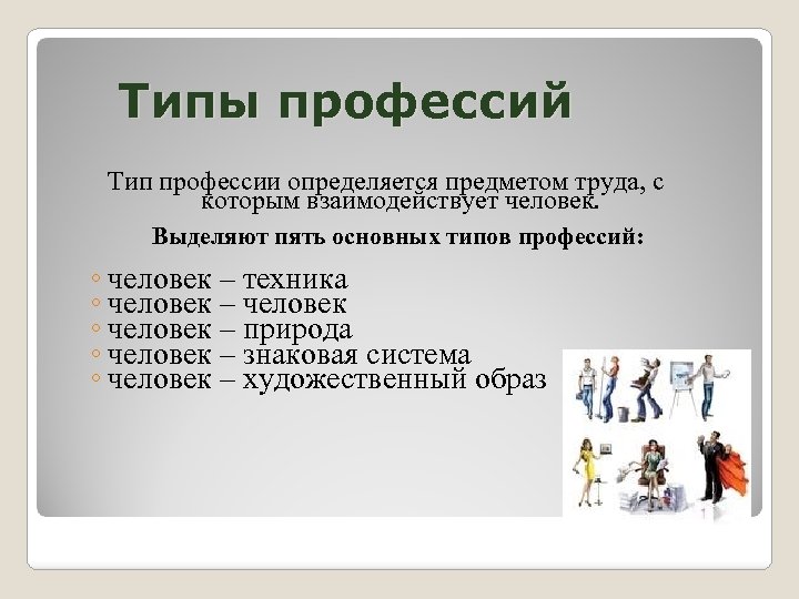 Типы профессий Тип профессии определяется предметом труда, с которым взаимодействует человек. Выделяют пять основных