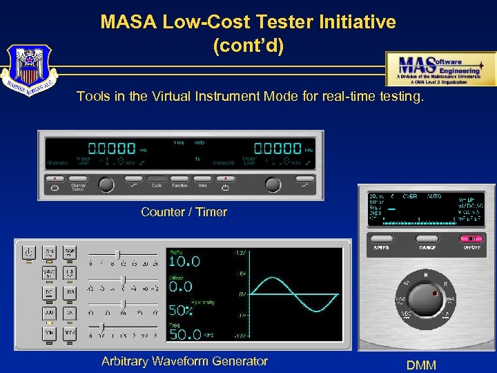 MASA Low-Cost Tester Initiative (cont’d) Tools in the Virtual Instrument Mode for real-time testing.