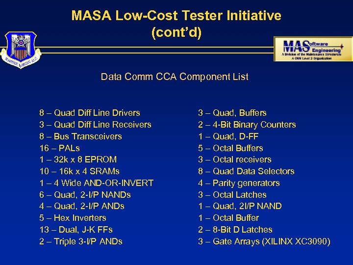 MASA Low-Cost Tester Initiative (cont’d) Data Comm CCA Component List 8 – Quad Diff