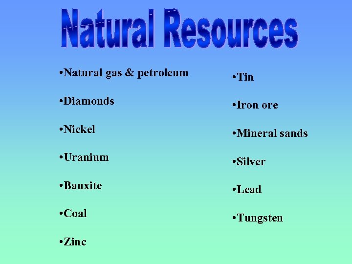  • Natural gas & petroleum • Tin • Diamonds • Iron ore •