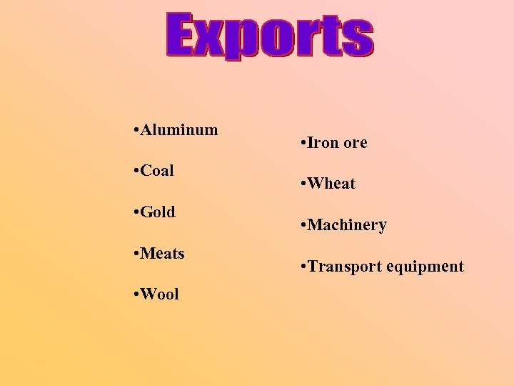  • Aluminum • Coal • Gold • Meats • Wool • Iron ore