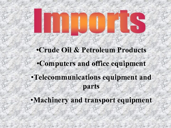  • Crude Oil & Petroleum Products • Computers and office equipment • Telecommunications
