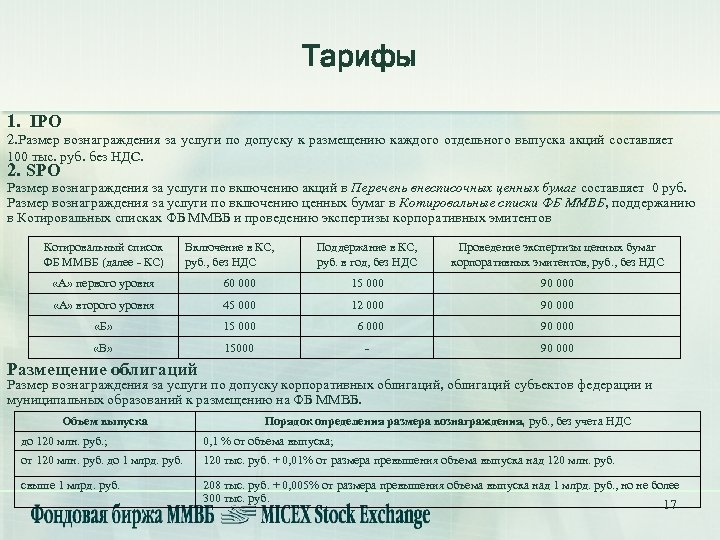 Тарифы 1. IPO 2. Размер вознаграждения за услуги по допуску к размещению каждого отдельного