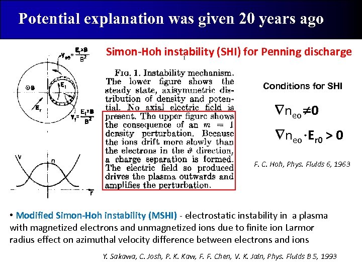 Potential explanation was given 20 years ago Simon-Hoh instability (SHI) for Penning discharge Conditions