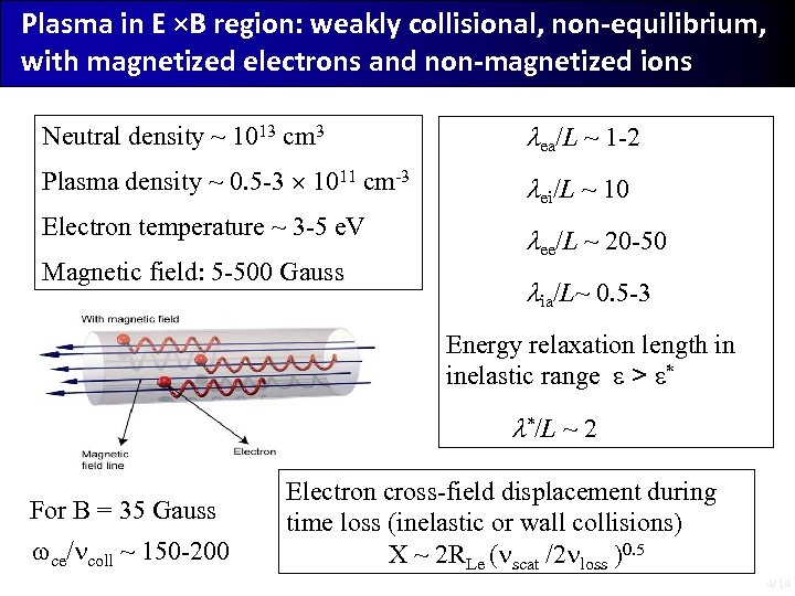 Plasma in E ×B region: weakly collisional, non-equilibrium, with magnetized electrons and non-magnetized ions