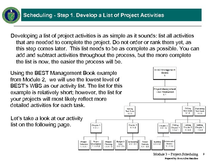 Scheduling - Step 1. Develop a List of Project Activities Developing a list of