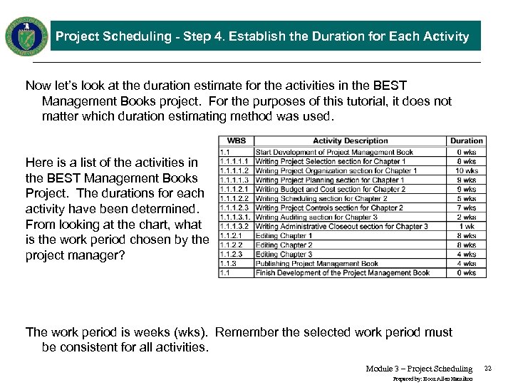 Project Scheduling - Step 4. Establish the Duration for Each Activity Now let’s look