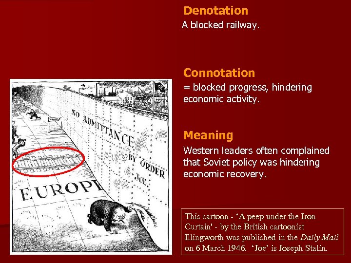 Denotation A blocked railway. Connotation = blocked progress, hindering economic activity. Meaning Western leaders