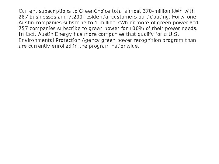 Current subscriptions to Green. Choice total almost 370 -million k. Wh with 287 businesses