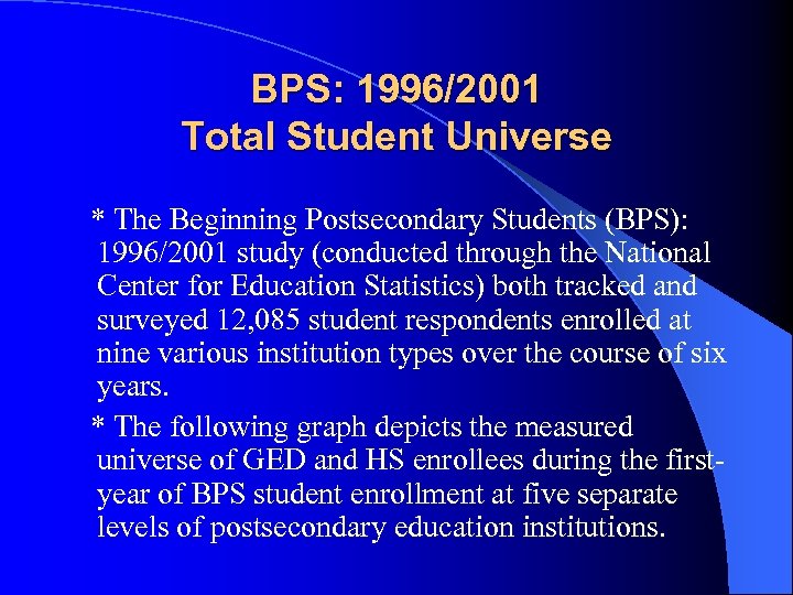 BPS: 1996/2001 Total Student Universe * The Beginning Postsecondary Students (BPS): 1996/2001 study (conducted