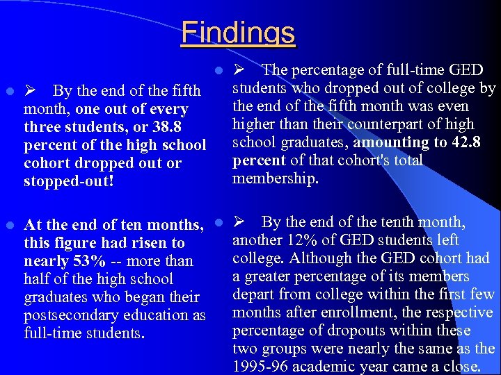 Findings Ø The percentage of full-time GED students who dropped out of college by