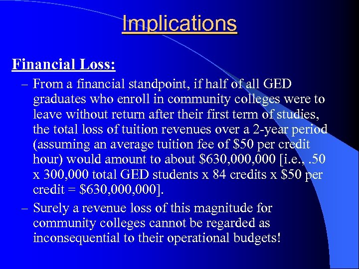 Implications Financial Loss: – From a financial standpoint, if half of all GED graduates