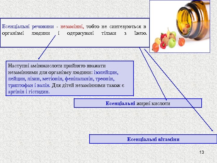 Есенціальні речовини - незамінні, тобто не синтезуються в організмі людини і одержувані тільки з