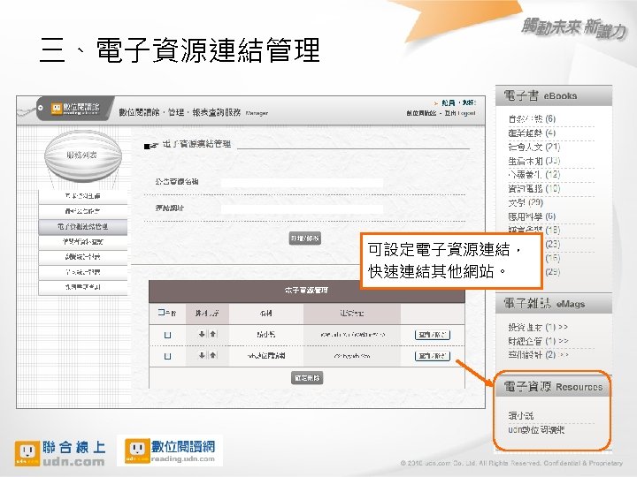 三、電子資源連結管理 可設定電子資源連結， 快速連結其他網站。 