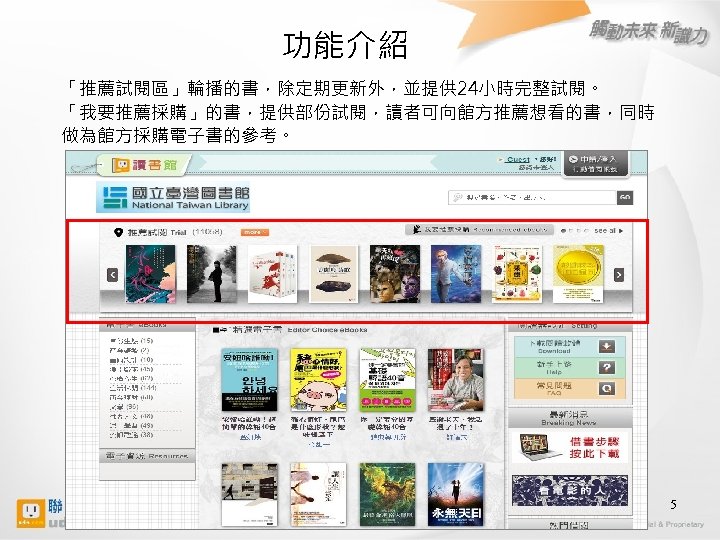 功能介紹 「推薦試閱區」輪播的書，除定期更新外，並提供 24小時完整試閱。 「我要推薦採購」的書，提供部份試閱，讀者可向館方推薦想看的書，同時 做為館方採購電子書的參考。 5 