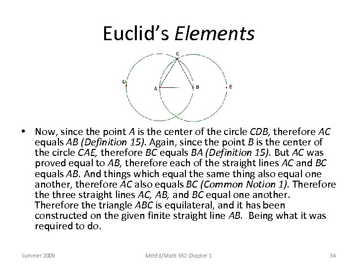 Euclid’s Elements • Now, since the point A is the center of the circle