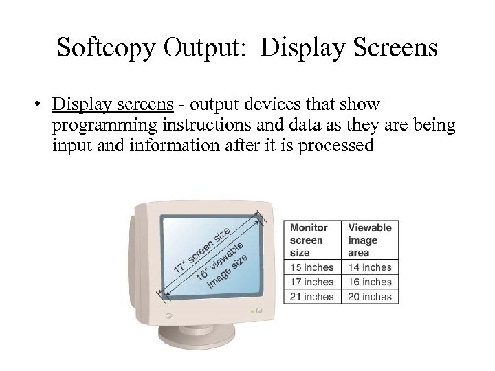 Softcopy Output: Display Screens • Display screens - output devices that show programming instructions