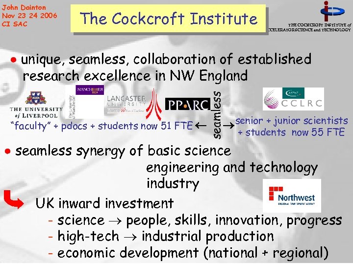 John Dainton Nov 23 24 2006 CI SAC The Cockcroft Institute THE COCKCROFT INSTITUTE