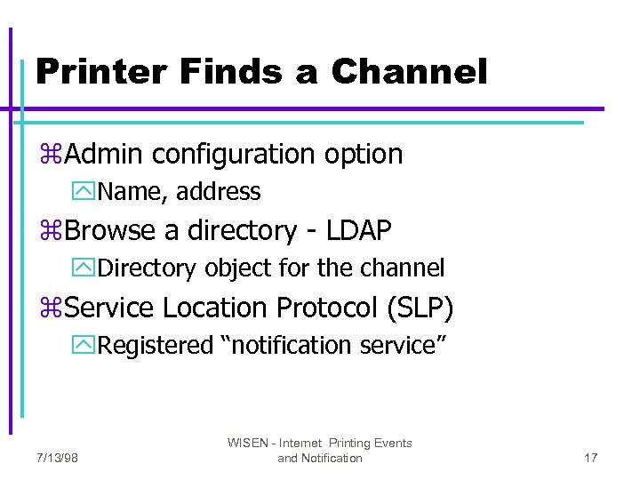 Printer Finds a Channel z. Admin configuration option y. Name, address z. Browse a