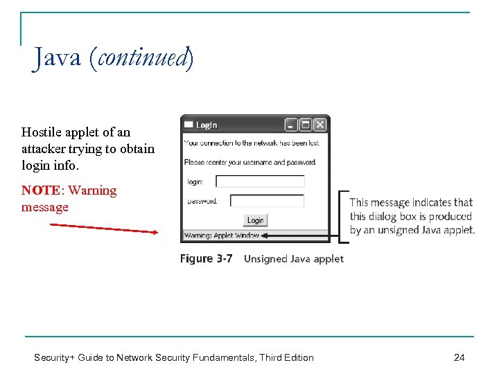 Java (continued) Hostile applet of an attacker trying to obtain login info. NOTE: Warning