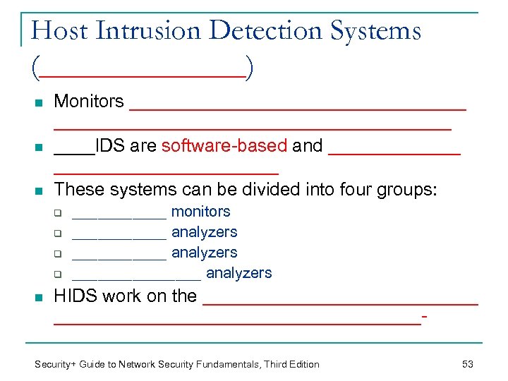 Host Intrusion Detection Systems (_______) n n n Monitors _______________________________________IDS are software-based and __________________