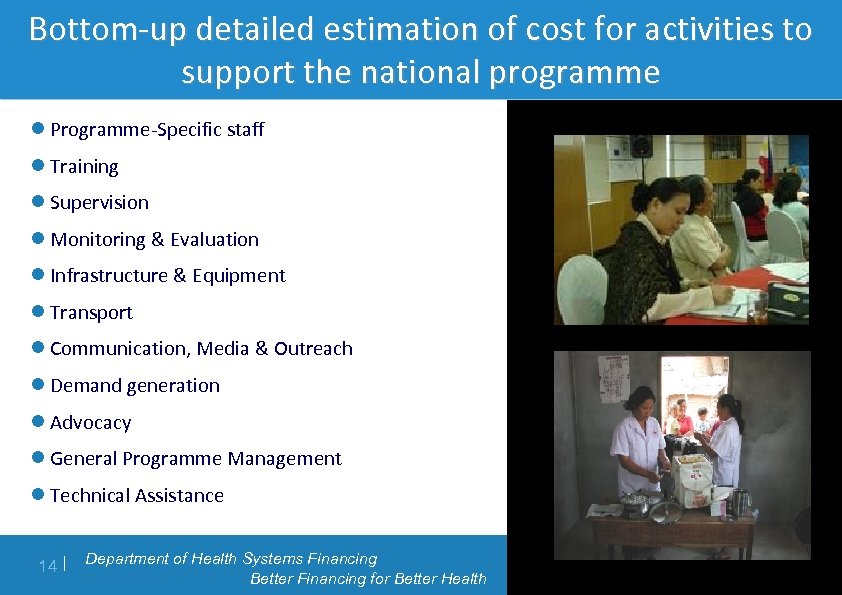 Bottom-up detailed estimation of cost for activities to support the national programme l Programme-Specific