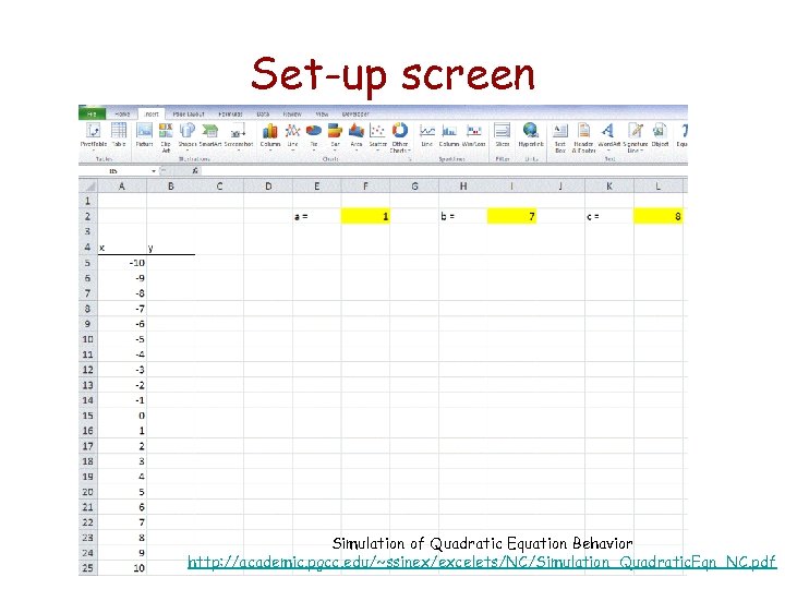 Set-up screen Simulation of Quadratic Equation Behavior http: //academic. pgcc. edu/~ssinex/excelets/NC/Simulation_Quadratic. Eqn_NC. pdf 