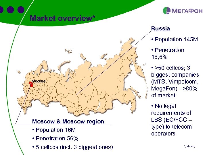 Market overview* Russia • Population 145 M • Penetration 18, 6% • >50 cellcos;