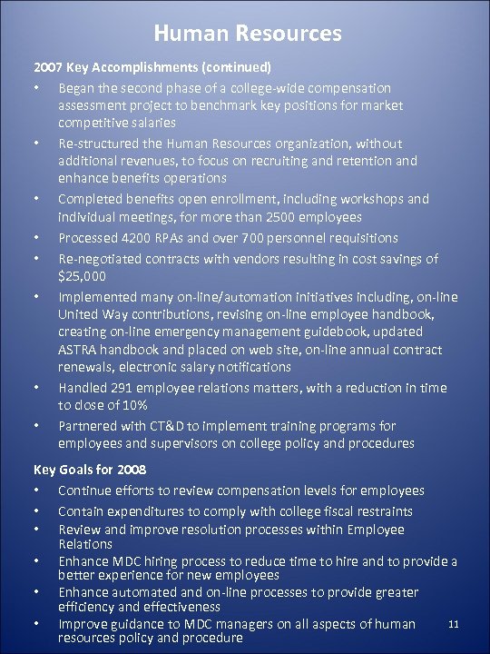 Human Resources 2007 Key Accomplishments (continued) • Began the second phase of a college-wide