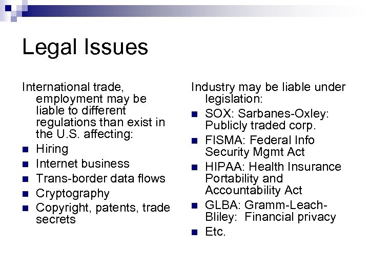 Legal Issues International trade, employment may be liable to different regulations than exist in