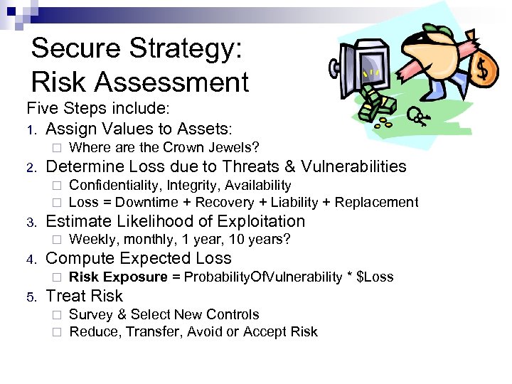 Secure Strategy: Risk Assessment Five Steps include: 1. Assign Values to Assets: ¨ 2.