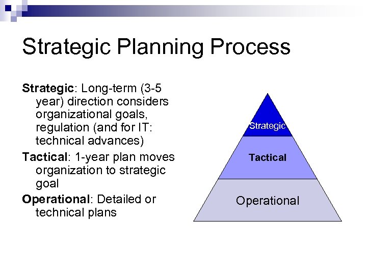 Strategic Planning Process Strategic: Long-term (3 -5 year) direction considers organizational goals, regulation (and