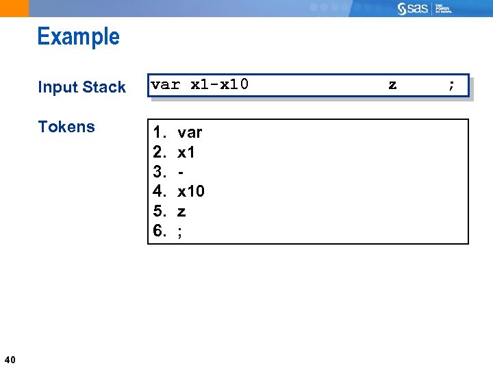 Example Input Stack Tokens 40 var x 1 -x 10 1. 2. 3. 4.