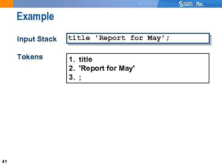Example Input Stack Tokens 41 title 'Report for May'; 1. title 2. 'Report for