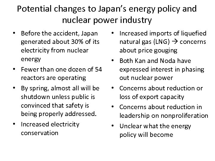Potential changes to Japan’s energy policy and nuclear power industry • Before the accident,