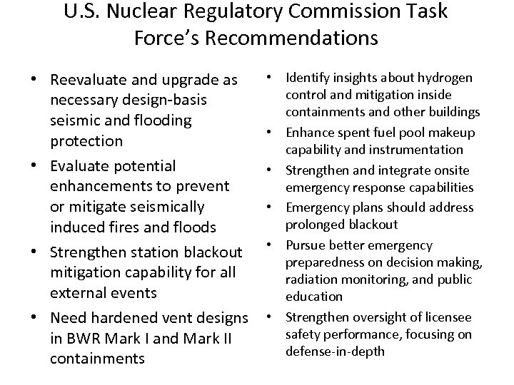 U. S. Nuclear Regulatory Commission Task Force’s Recommendations • Reevaluate and upgrade as necessary
