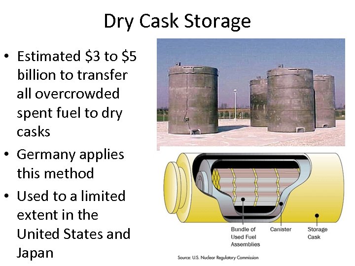 Dry Cask Storage • Estimated $3 to $5 billion to transfer all overcrowded spent