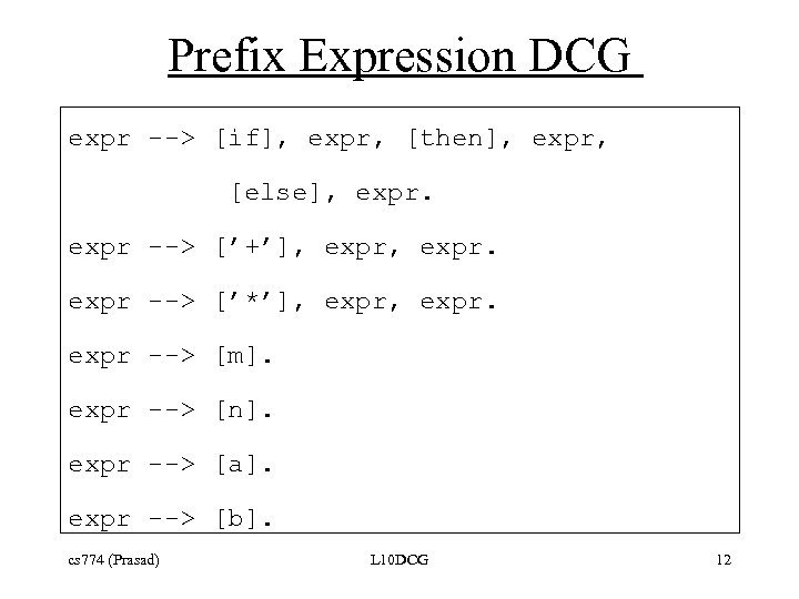 Prefix Expression DCG expr --> [if], expr, [then], expr, [else], expr --> [’+’], expr