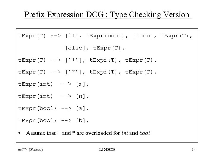 Prefix Expression DCG : Type Checking Version t. Expr(T) --> [if], t. Expr(bool), [then],