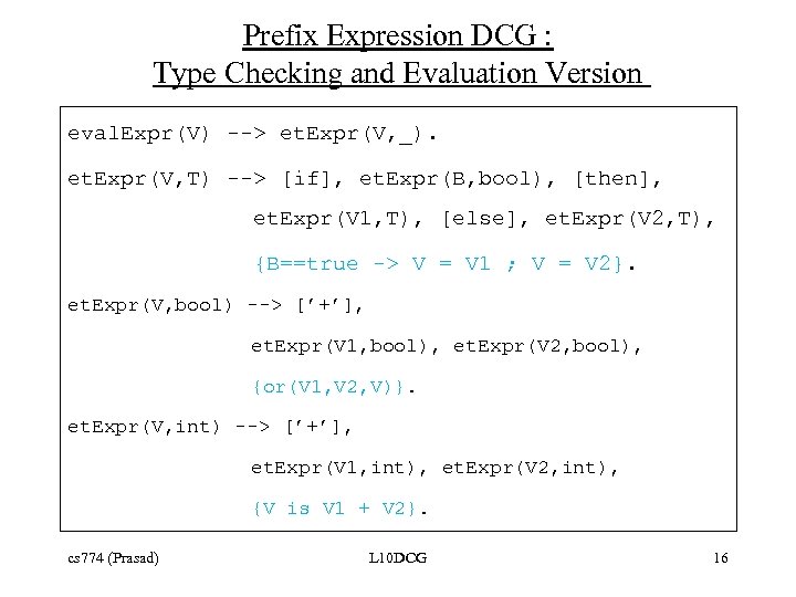 Prefix Expression DCG : Type Checking and Evaluation Version eval. Expr(V) --> et. Expr(V,