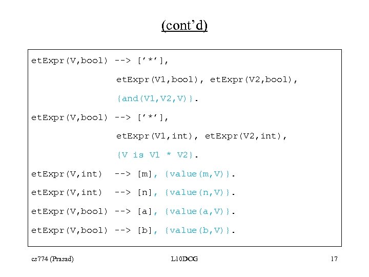(cont’d) et. Expr(V, bool) --> [’*’], et. Expr(V 1, bool), et. Expr(V 2, bool),