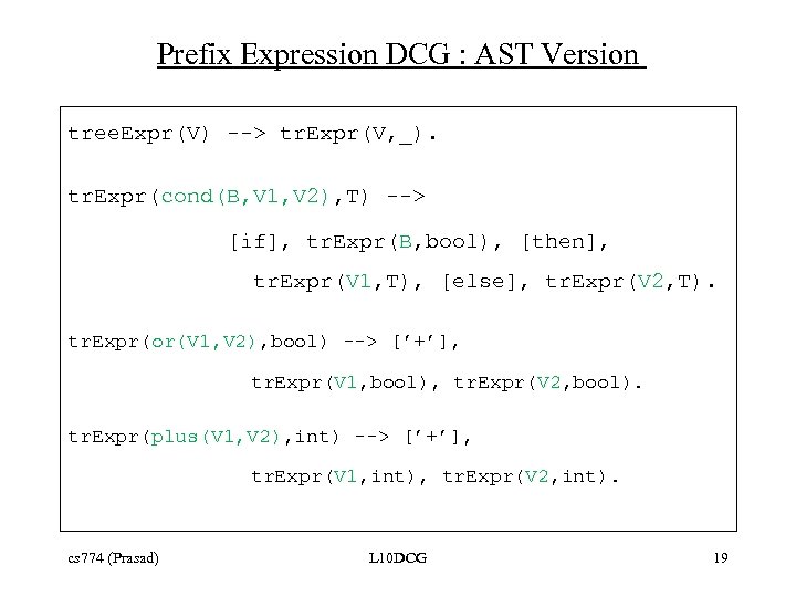 Prefix Expression DCG : AST Version tree. Expr(V) --> tr. Expr(V, _). tr. Expr(cond(B,