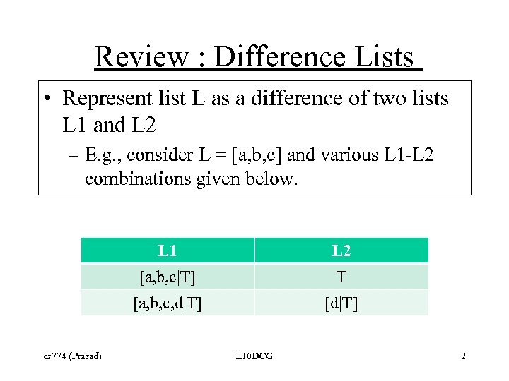 Review : Difference Lists • Represent list L as a difference of two lists