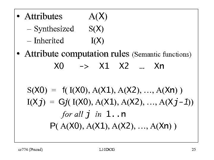  • Attributes – Synthesized – Inherited A(X) S(X) I(X) • Attribute computation rules