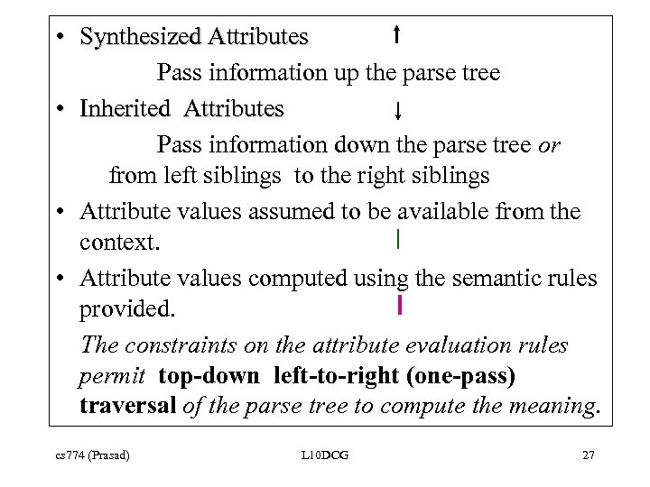  • Synthesized Attributes Pass information up the parse tree • Inherited Attributes Pass