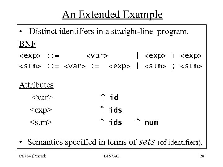 An Extended Example • Distinct identifiers in a straight-line program. BNF <exp> : :