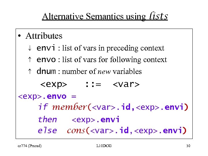 Alternative Semantics using lists • Attributes envi : list of vars in preceding context