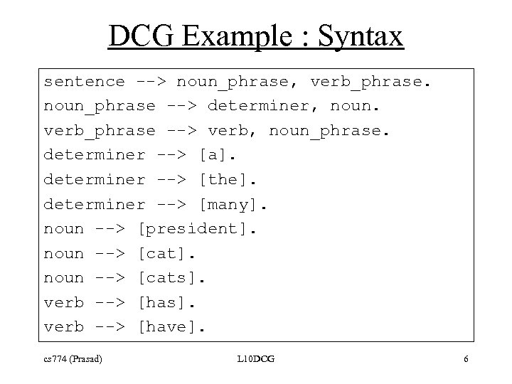 DCG Example : Syntax sentence --> noun_phrase, verb_phrase. noun_phrase --> determiner, noun. verb_phrase -->
